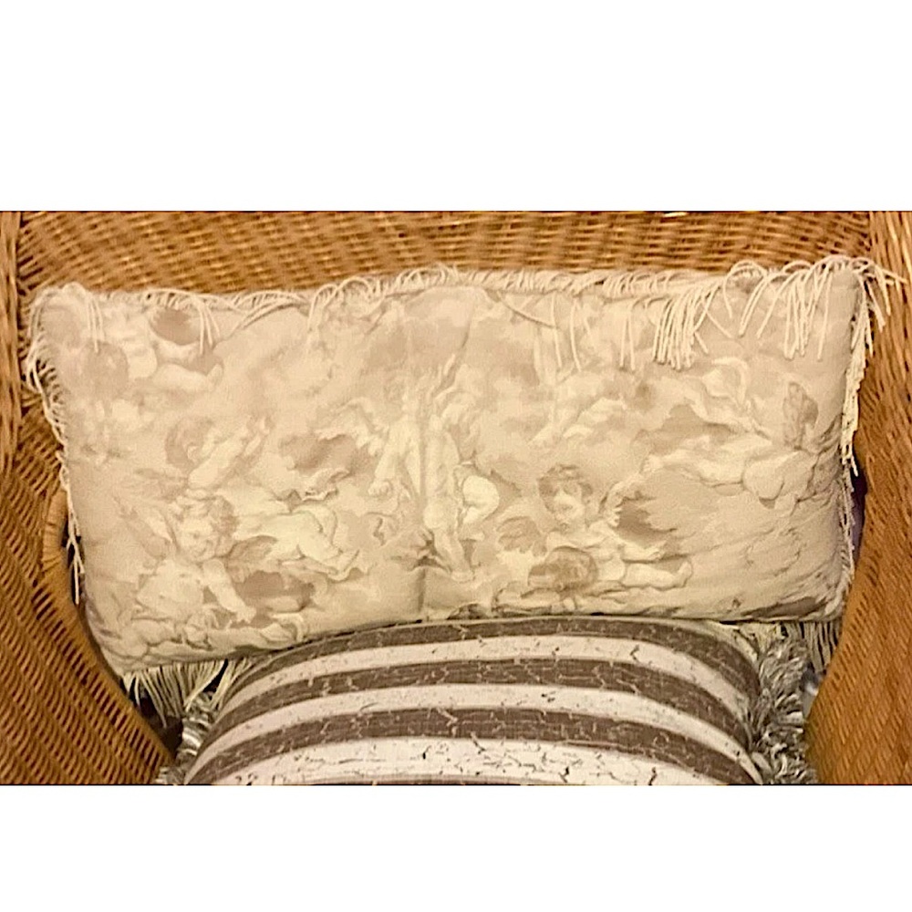 🪽BESS🪽LOMBER CHERUB ANGLES LINEN CANVAS FRINGE VTG DECRETIVE ACCENT PILLOW👼